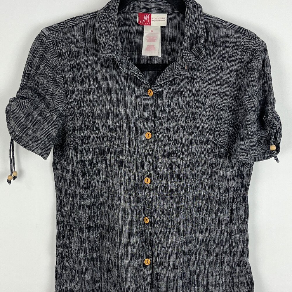 Jennifer Moore Collection Top Blouse Size 8P Gray Short Sleeve Button Up Collare